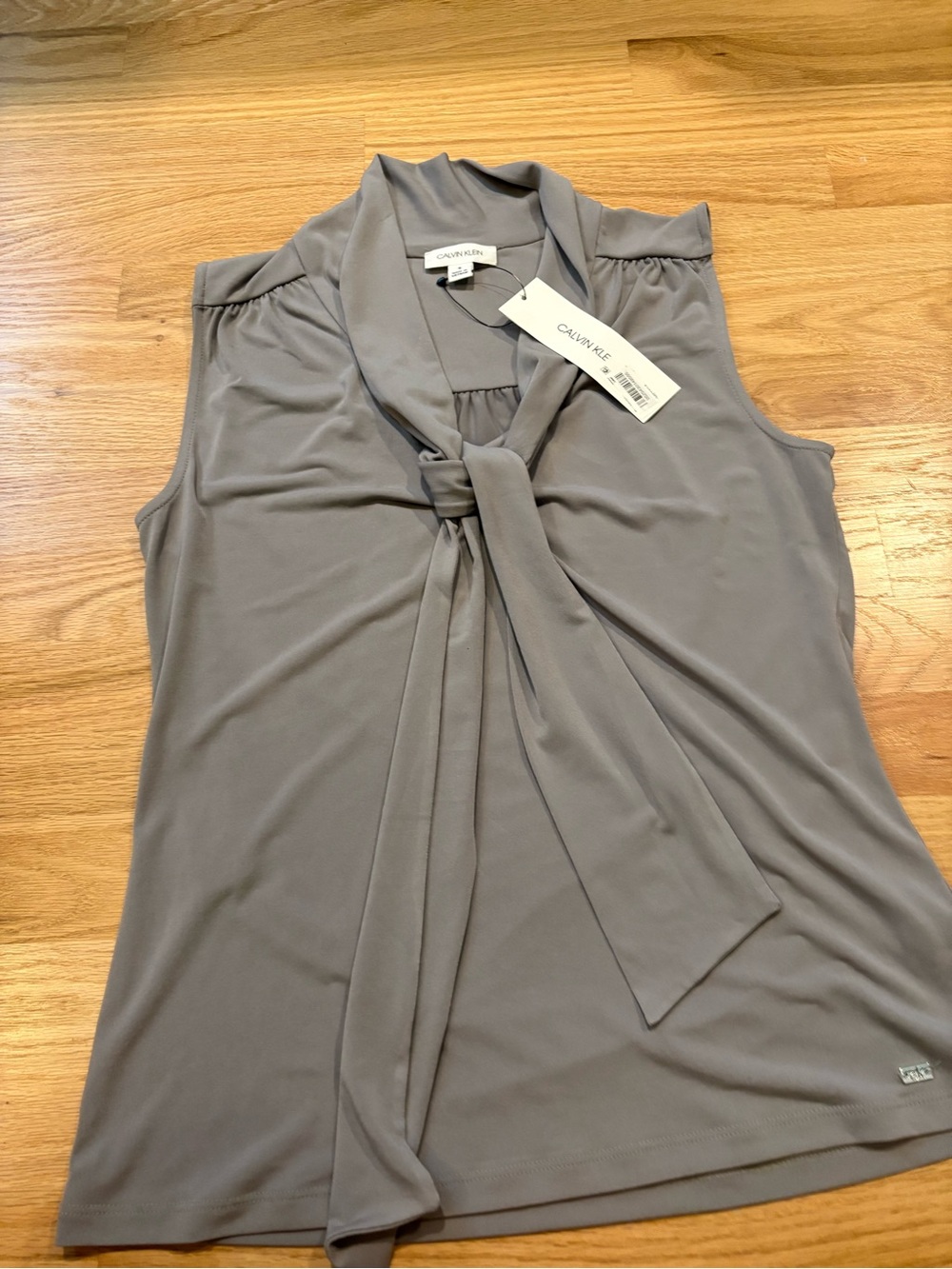 NWT Calvin Klein Sleeveless Tie-Neck Tank in Light Gray